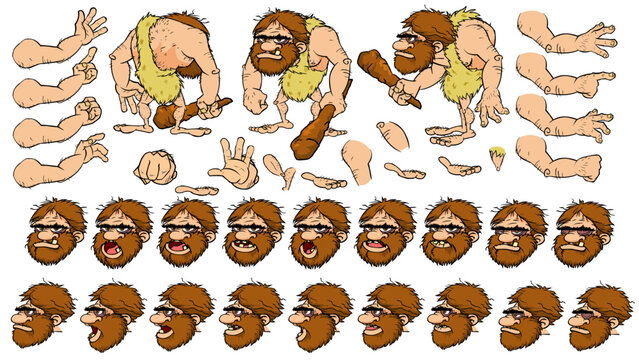 Vector Cave man character with lip sync and eye blink, all sides rigged