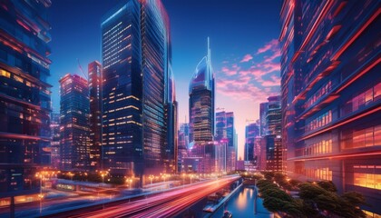 Obraz premium The elegant and dynamic look of modern urban architecture with skyscrapers and office buildings