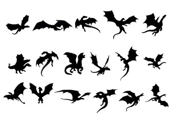 silhouette or illustration of a flying winged dragon