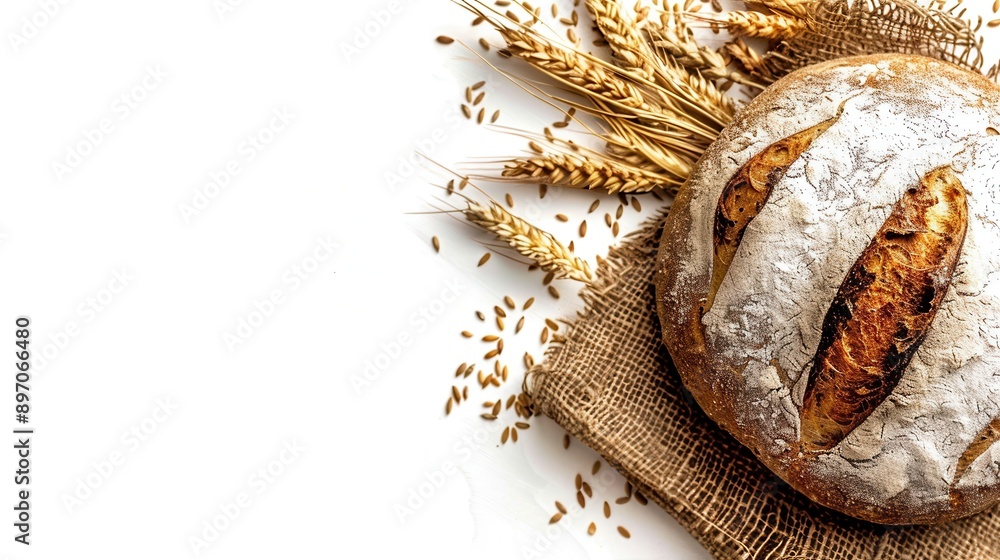 Poster a freshly baked bread loaf sits on a burlap cloth with wheat stalks and seeds scattered around it. g