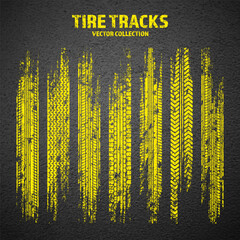 Yellow grunge tire tracks, wheel braking marks. Truck, car or motorcycle tread pattern silhouettes. Auto race, motorsport, speed racing design element. Asphalt texture. Vector illustration