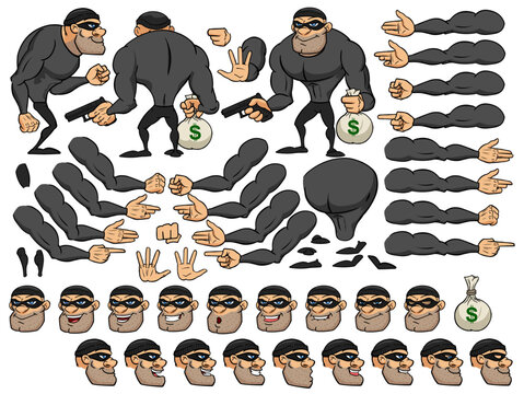 Vector thief man character with lip sync and eye blink, all sides rigged | thug