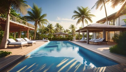 The elegant and tranquil atmosphere of a luxury resort with a swimming pool and lush greenery.