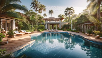 Fototapeta premium The elegant and tranquil atmosphere of a luxury resort with a swimming pool and lush greenery.