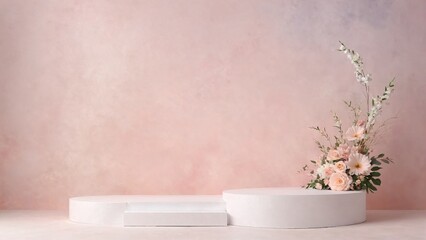 Elegant white podium with floral design elements, soft pastel background, gentle lighting, delicate product showcase