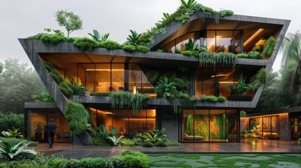 Obraz premium modernist house with an abstract shape, incorporating greenery on the roof and walls
