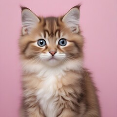Cute fluffy kitten on pink background 
