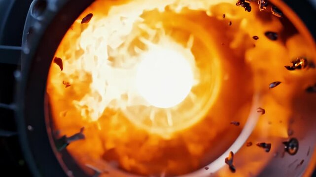 A mesmerizing closeup of the fiery explosion that occurs when air and fuel mix inside the combustion chamber of a turbojet.
