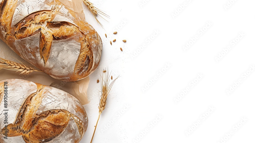 Aufkleber two fresh, baked loaves of wheat bread sit on a white background with wheat stalks and grains scatte