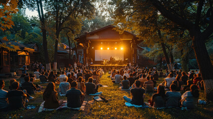 Fototapeta premium Exciting outdoor event with a lively concert under the summer night sky.