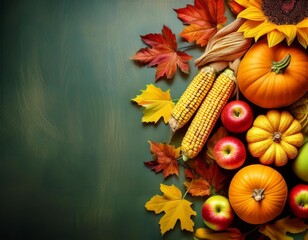 Jesienne tło z dyniami, kolbami kukurydzy, jabłkami i kolorowymi liśćmi. 