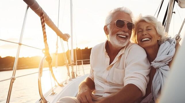 smiling happy senior couple on a sailboat or yacht enjoying the sea at sunset