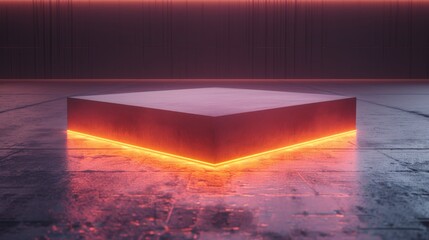 Fototapeta premium Empty concrete podium glowing with orange neon light illuminating dark industrial interior