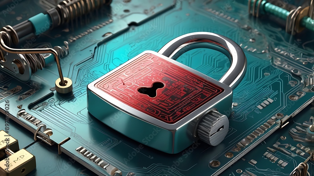 Poster silver padlock on red circuitry with blue circuit board, symbolizing cybersecurity and data protecti