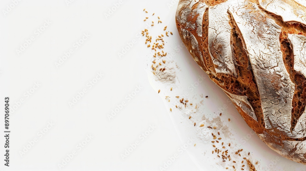 Poster a freshly baked wheat bread loaf sits on a white background with scattered flour and seeds. generati