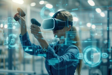 A female engineer using a VR headset and controllers interacts with a virtual interface, showcasing advanced technology in an industrial setting. 