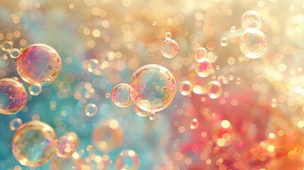 Floating iridescent soap bubbles on a pastel background.