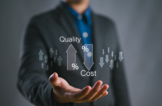Quality increase and cost optimization for products or services to improve efficiency. Businessman with quality control growth graph and cost reduction, Effective business, Efficient Risk, Cost