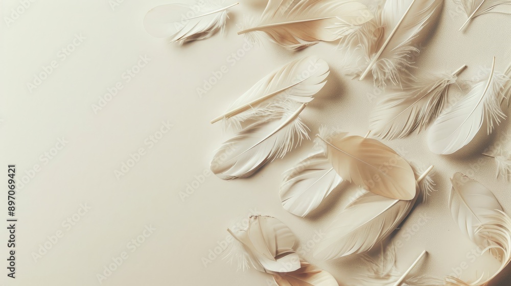Poster top view close up photo with feathers on clean background with retro effects and copy space