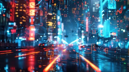 Fototapeta premium abstract line connection on night city background