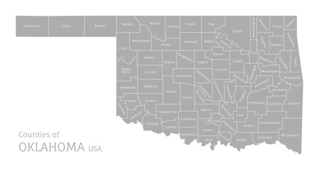 Gray map of Oklahoma, federal state of USA. Silhouette of Oklahoma abstract outline editable map with borders and flag of federal state realistic vector illustration