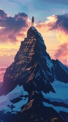 Hiker standing on mountain peak at sunset admiring dramatic sky.