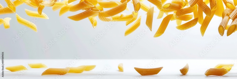 Poster raw penne pasta gracefully falls onto a pristine white surface, creating a visually appealing and el