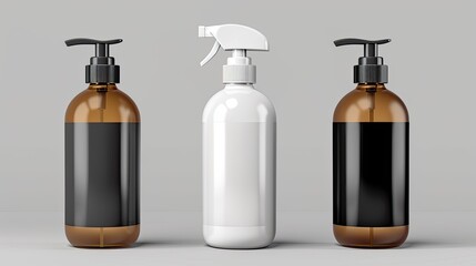 Detailed 3D rendering of pump bottles in white, black, and brown, on a transparent background, ideal for illustrating creative packaging designs in health and beauty.