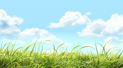 Fototapeta premium Abstract background with Beautiful grass meadow landscape with a blue sky and white clouds. Summer theme