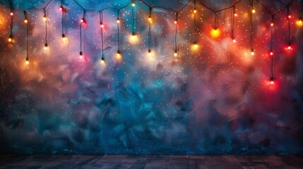 Fototapeta premium Festive String Lights Against a Blue and Red Textured Wall with a Wooden Floor