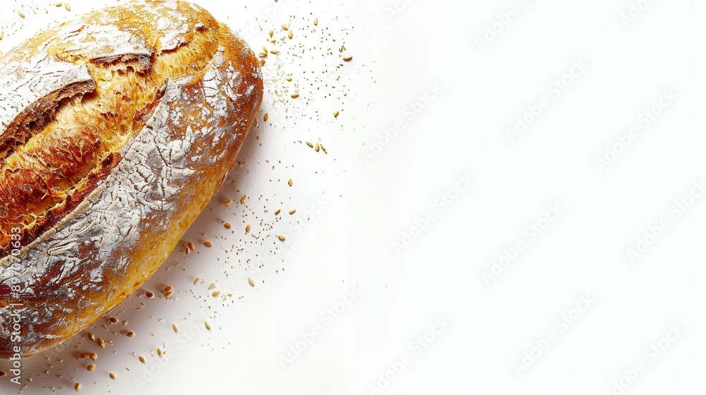 Poster a freshly baked loaf of wheat bread sits on a white background, scattered with flour and wheat kerne