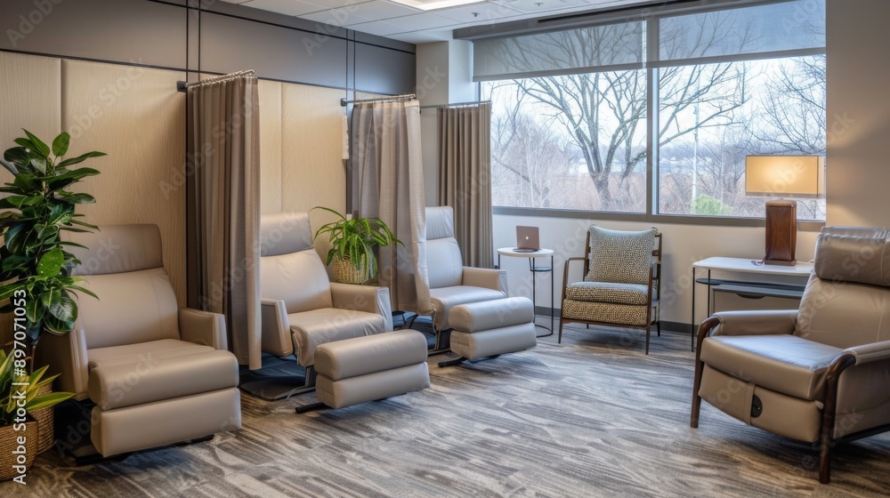 Poster A waiting room with plush chairs in a semi-circle facing a large window. Plants and a table add to the decor, with a light-colored wood floor