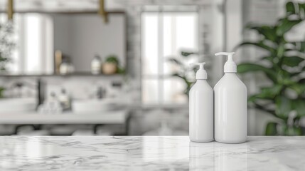 White Pump Bottles on Marble Countertop in Bathroom