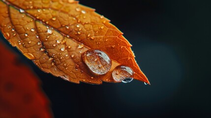 Obraz premium Macro shot of an autumn leaf with water droplets. Focus on details and textures. Ideal for nature photography and seasonal backgrounds. Beautiful fall colors against a blurred background. AI