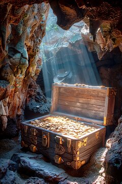 Sunlit treasure chest with gleaming gold coins on the ocean floor, illuminated by sunlight