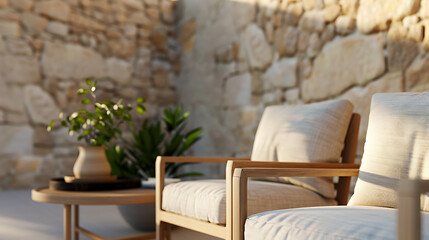 Obraz premium Cozy balcony with Estilo Mediterráneo furniture, which reflects a complex mix of historical and contemporary architecture. Generative AI illustration 