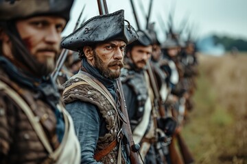 Obraz premium Soldiers in different hats and historical uniforms hold weapons, forming a line in a field, evoking themes of historical warfare, determination, and readiness for battle.