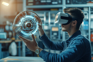 A man wearing a VR headset interacts with a holographic interface, demonstrating advanced virtual reality technology for technical visualization. 