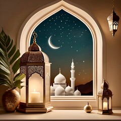 Ramadan Kareem. Eid Mubarak. Vector aesthetic illustration of crescent moon, mosque, lantern, window, frame, background, ornament, tropical leaf for greeting card, invitation or poster in beige muted