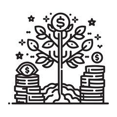 Money Growth Concept Vector Dollar Tree Illustration, Financial Success Vector Growing Money Tree Icon, Economic Growth Icon Dollar Tree Symbol