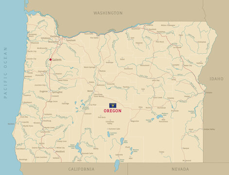 Road map of Oregon, US American federal state. Editable highly detailed transportation map of Oregon with highways and interstate roads, rivers and cities realistic vector illustration