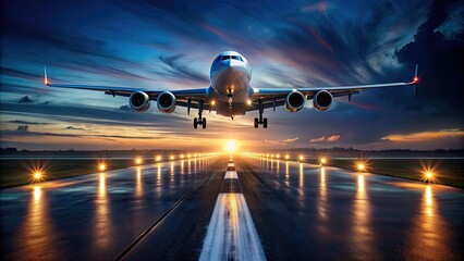 Naklejka premium Nighttime departure of airplane on illuminated runway, ascending into the night sky , airport, runway, airplane