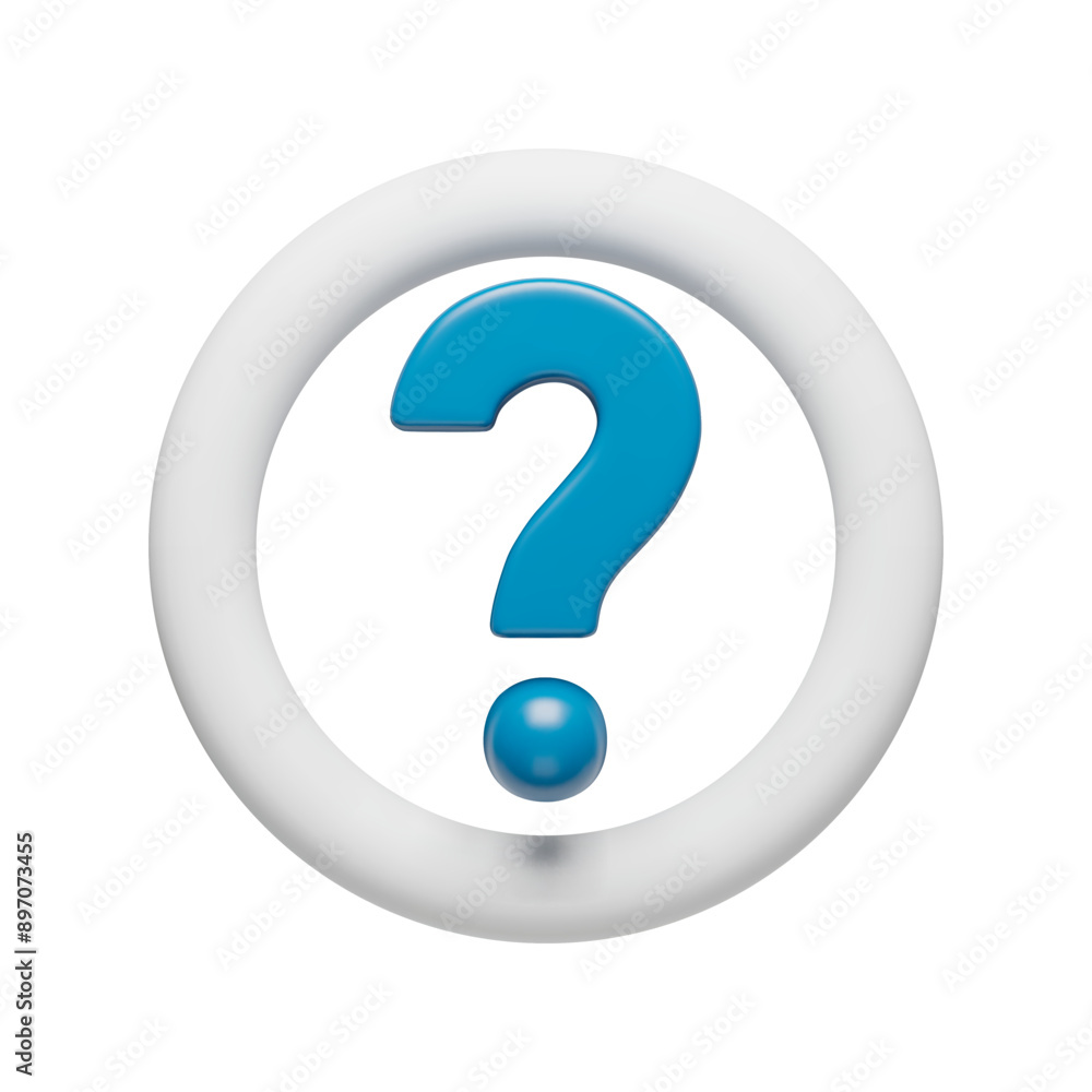 Poster 3d blue question mark symbol in white glossy circle. interrogation mark icon 3d effect. faq, support