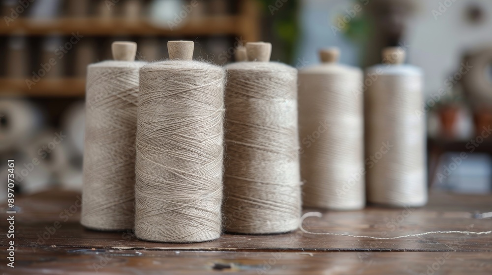 Poster Beige thread spools on table with blurred background empty space