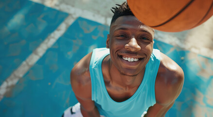 an attractive young man with short hair playing basketball on the court and smiling at the camera. He is holding a ball in his hands