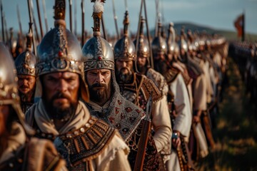 A row of medieval soldiers equipped with detailed armor, helms, and spears, ready for battle, positioned in a scenic and historical outdoor landscape.