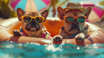 Two adorable French Bulldogs in sunglasses relax on a pool float, enjoying a sunny day. Perfect for summer and vacation themes.