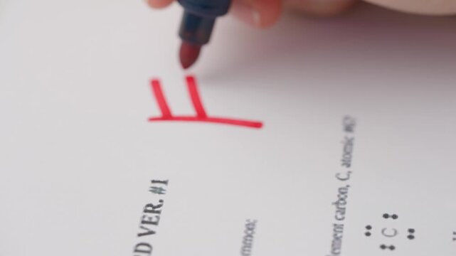 Professional school or college teacher grades a homework exam papers of students. Woman grades test with F and circles it with red marker.