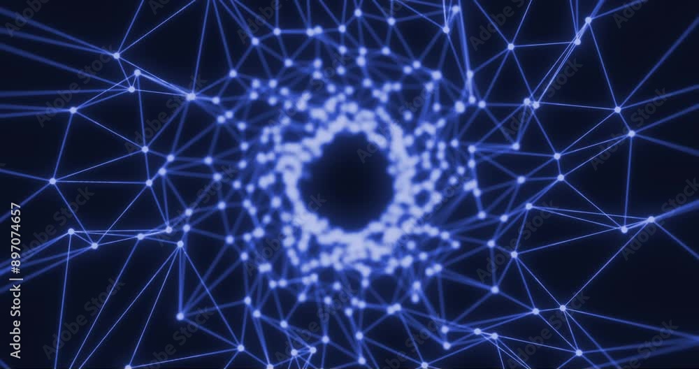 Wall mural blue abstract background with motion plexus of dots and lines, technology with black hole in center,