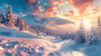Snowy Mountain Landscape with Sunset and Fog